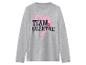 Grijs shirt met lange mouwen met de tekst 'TEAM VALENTINE' en een roze hart met kus.
