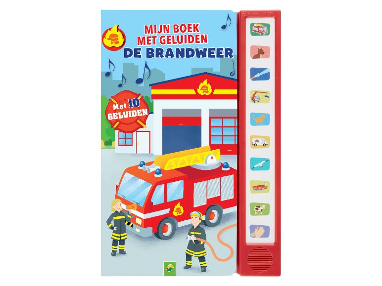 Brandweer geluidenboek met 10 geluiden, met illustraties van brandweerlieden en brandweerwagens.