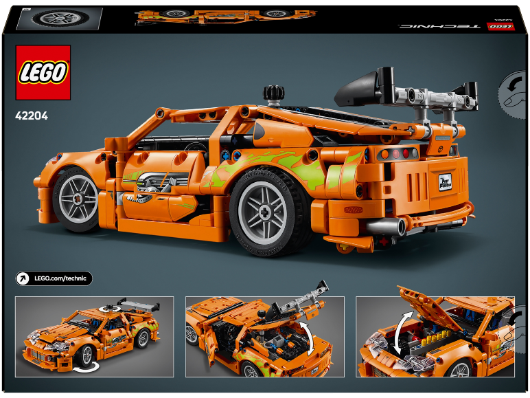 Oranje speelgoedauto met groene vlammen en een achterspoiler, met motor- en deurdetails.