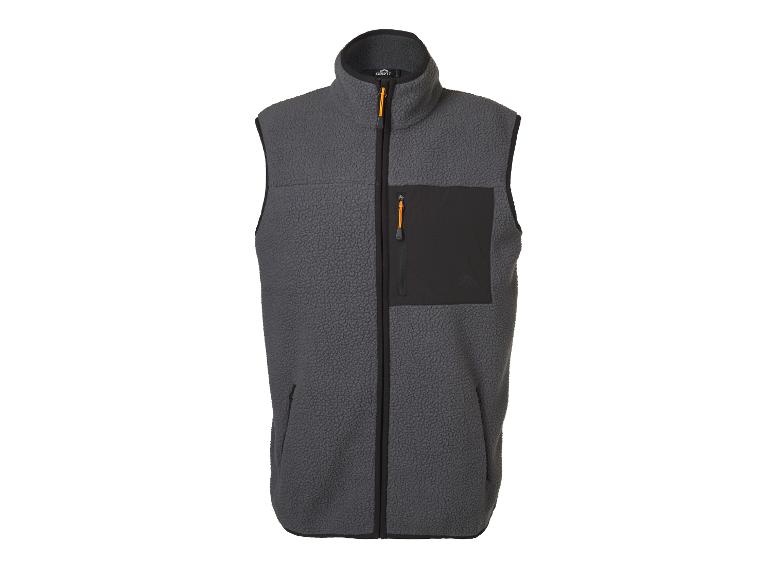 Grijs fleece bodywarmer met zwarte ritsen en oranje accenten.