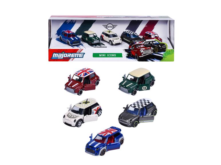 Set speelgoed Mini-auto's in een doos, met individuele auto's eronder weergegeven.