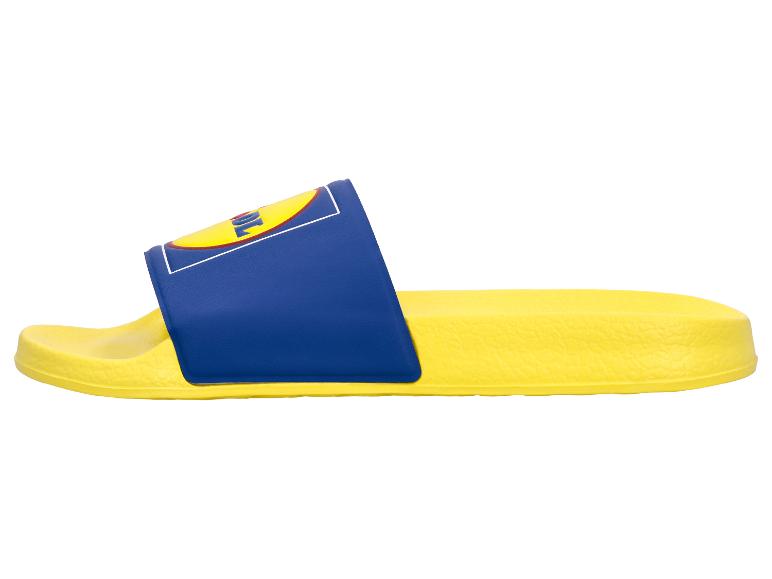 Blauwe en gele slippers met logo