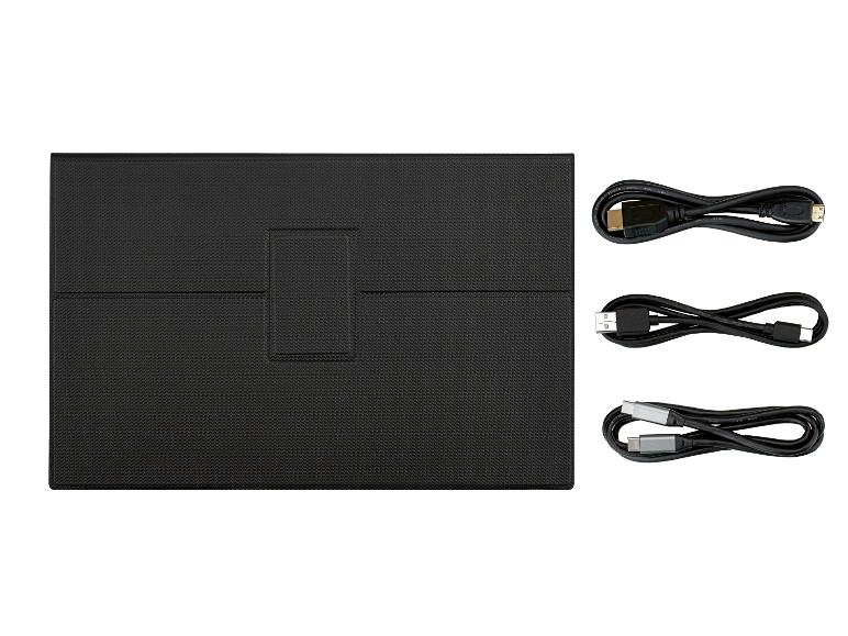 Zwarte getextureerde hoes met drie opgerolde kabels: HDMI, USB-A naar USB-C en USB-C naar USB-C.