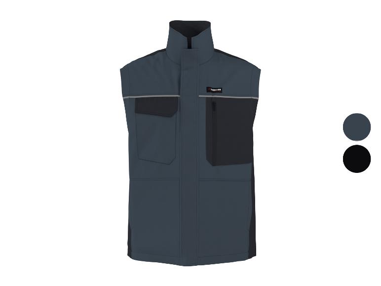 Donkerblauw herenwerkvest met zwarte details en reflecterende strepen.