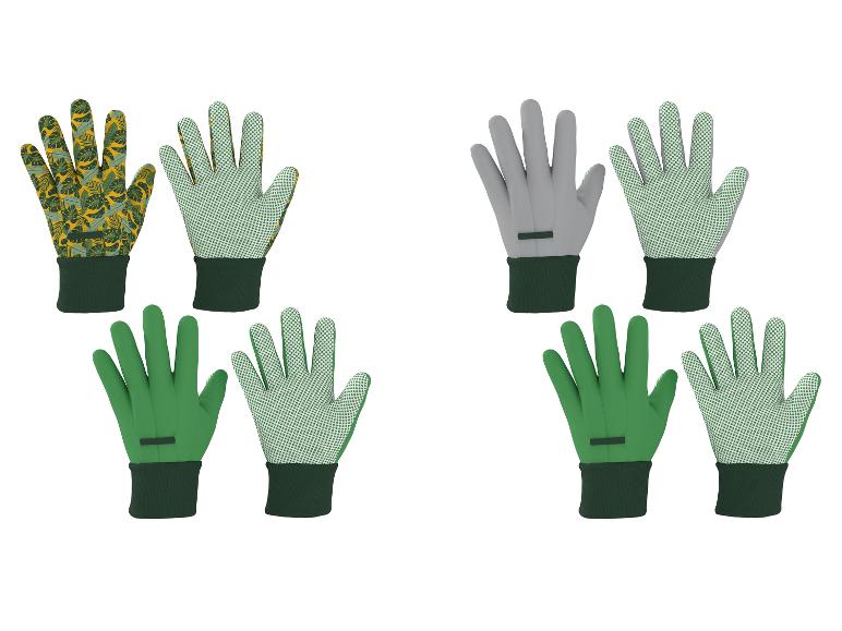 Tuinhandschoenen in drie kleurvarianten: groen, grijs en met bladpatroon.