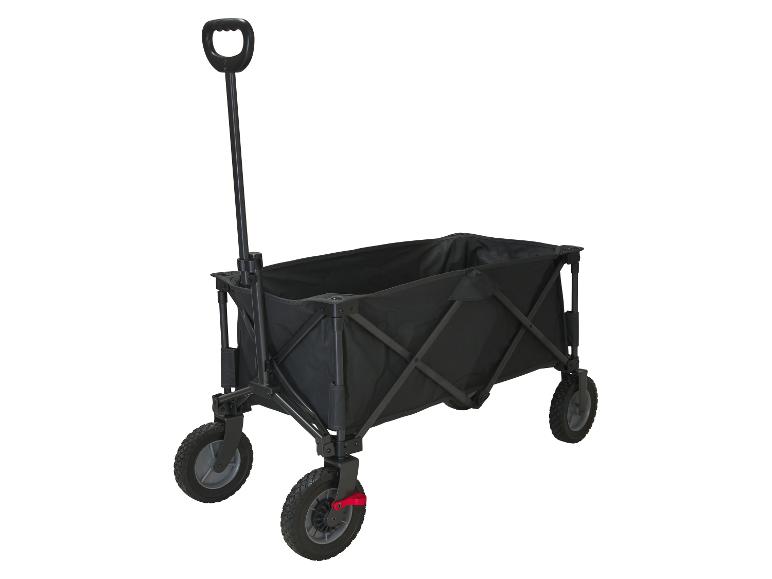 Zwarte opvouwbare transportkar met vier wielen.