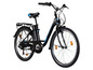 Zwarte elektrische fiets met blauwe accenten.