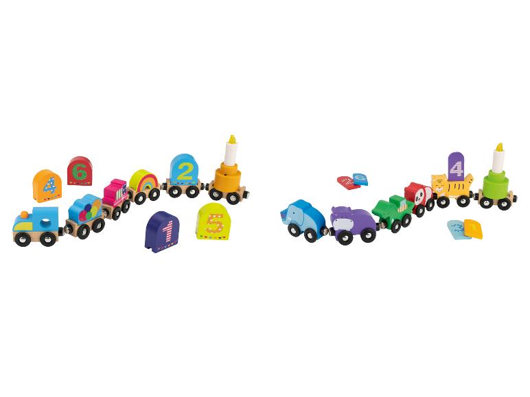 Houten speelgoedtreinen met genummerde wagons en dieren