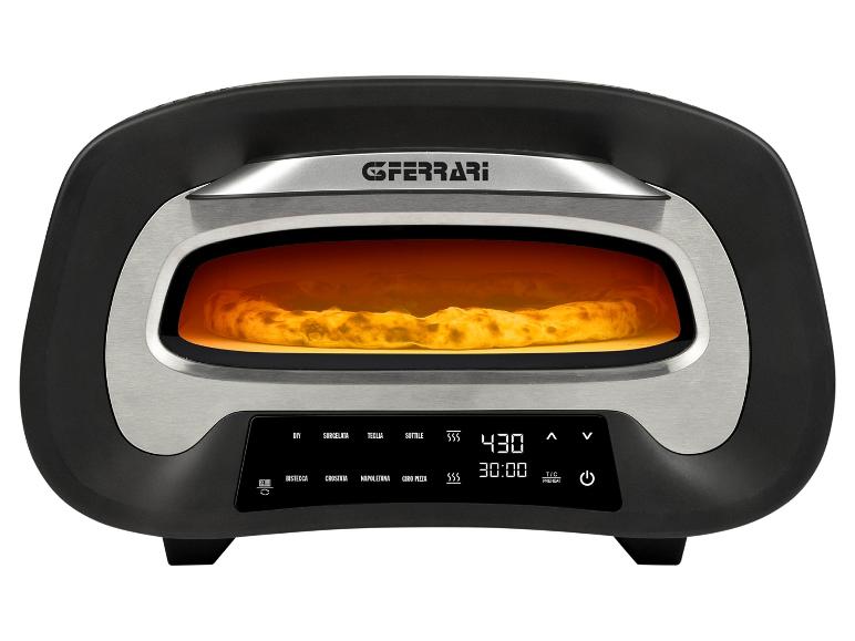 Pizzaoven met digitaal display dat 430 graden en 30:00 minuten toont, met een pizza erin.