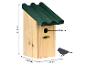 Houten vogelhuisje met groen dak, 27,7 cm hoog, 18,5 cm breed, 14 cm diep, met een ingangsgat van 28 mm.