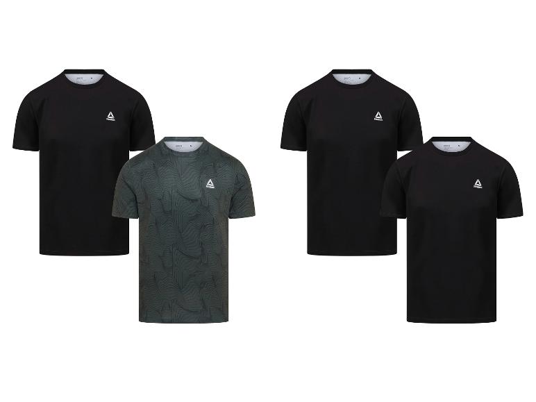 Vier Reebok heren T-shirts met korte mouwen, drie zwarte en één donkergroene met patroon.