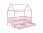 Een roze houten bed met een huisvormig frame en twee laden