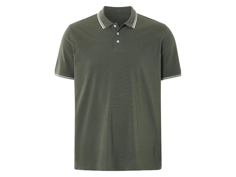 Olijfgroene polo met witte bies.