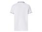 Wit poloshirt met blauwe kraag en mouwboorden, achteraanzicht.