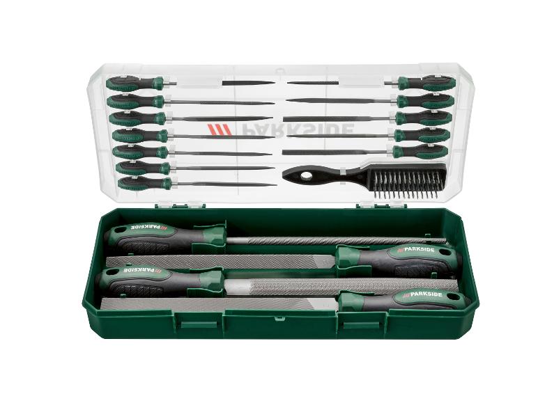 Set vijlen en raspen met ergonomische handvatten in kunststof koffer.