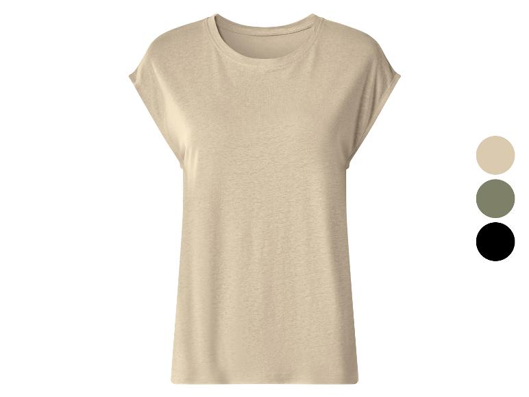 Dames beige T-shirt met korte mouwen en ronde hals, met kleurstalen.