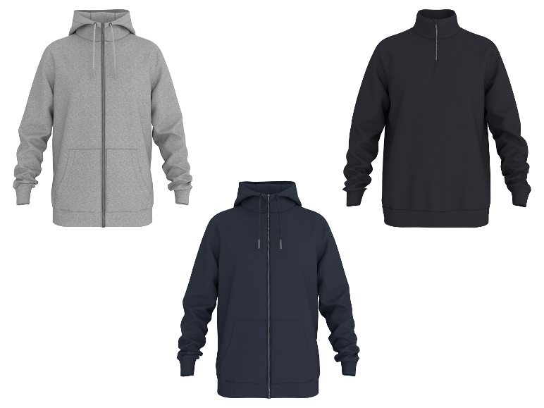 Drie hoodies en een trui met rits voor heren in grijs en marineblauw.