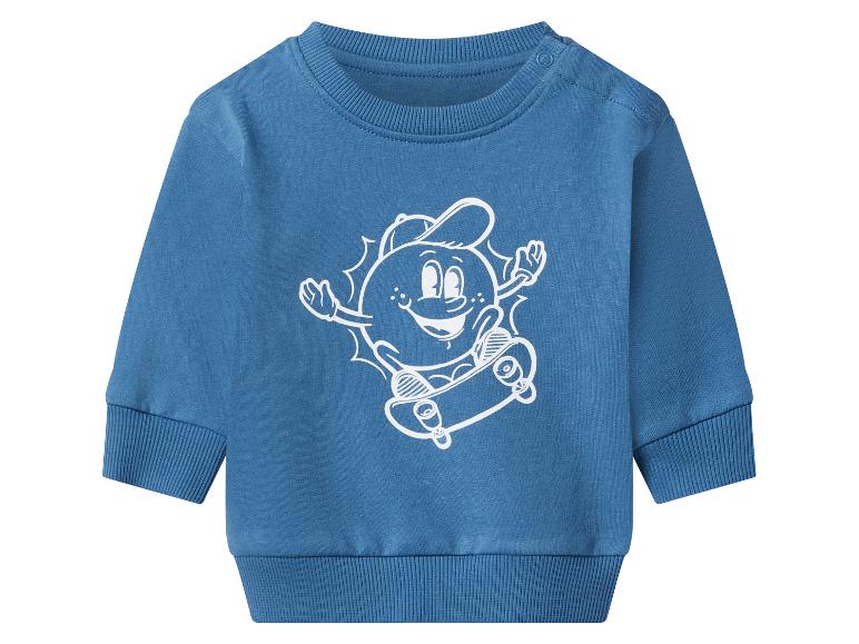 Blauwe baby sweater met een witte cartoon zon op een skateboard afbeelding