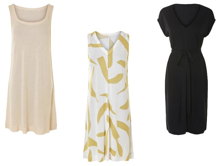 Drie zomerjurken voor dames: licht beige, wit met gele print en zwart.