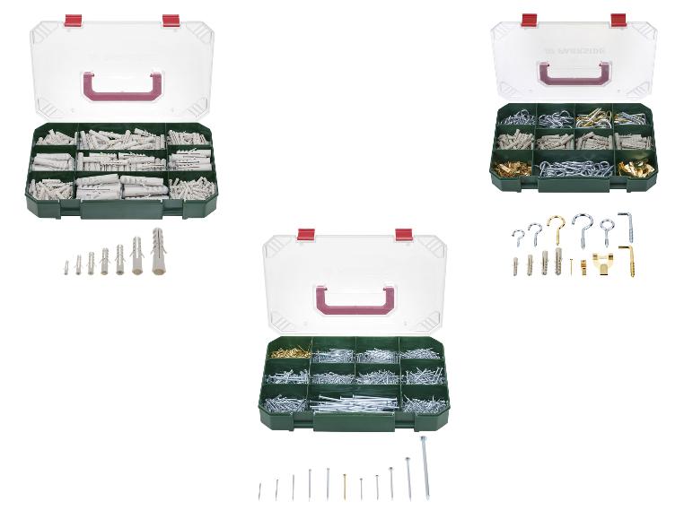 Sets pluggen, haken en spijkers in opbergdozen, met details van individuele stukken.