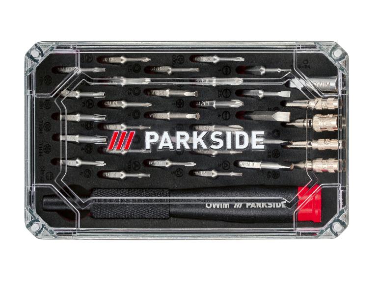 Een Parkside precisieschroevendraaierset met diverse bits en een handvat in een doorzichtige doos.