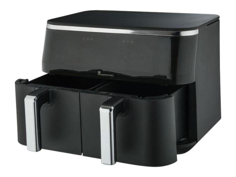 Zwarte dubbele mand airfryer met zilveren accenten