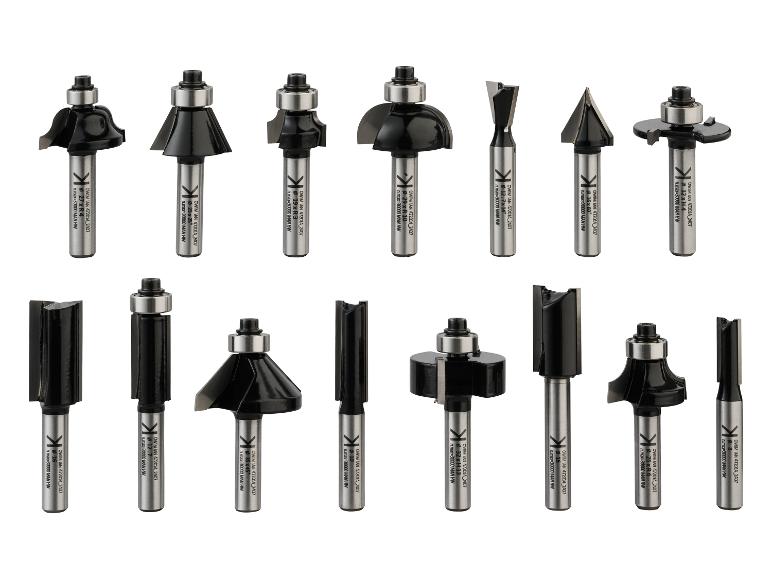 Collectie K freesbits voor hout: diverse modellen, waaronder profiel- en afschuinfreesbits.