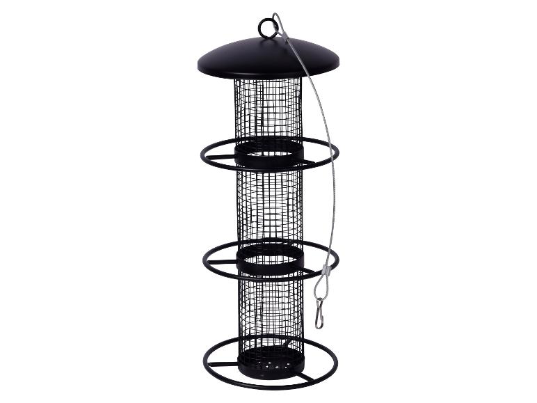 Zwart metalen vogelvoederhuisje met gaas, ronde hoepels en ophangdraad.