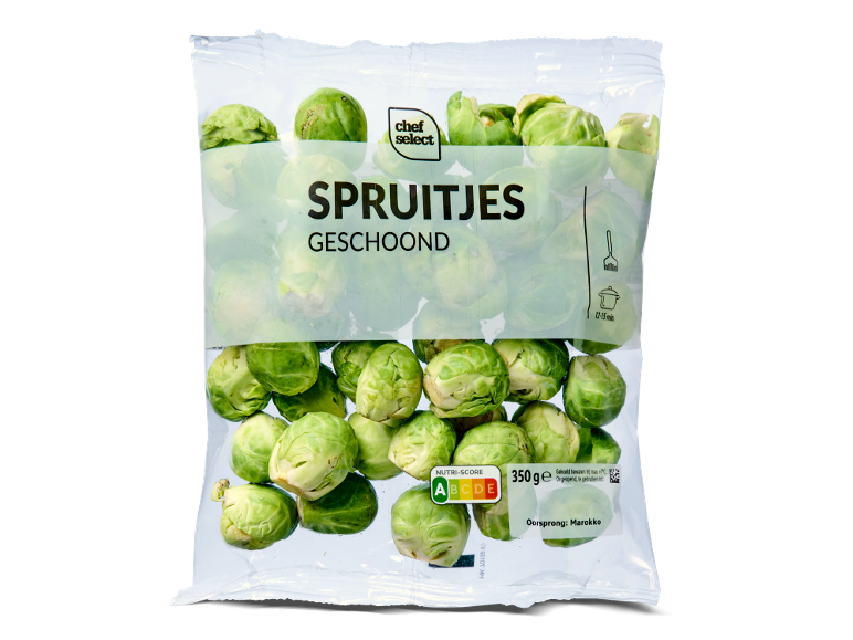 Schoongemaakte spruitjes van Saladinettes in een verpakking van 350 g.