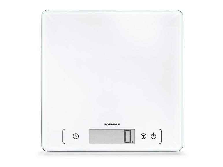 Witte digitale keukenweegschaal met een duidelijk display dat '0 g' toont en bedieningsknoppen.
