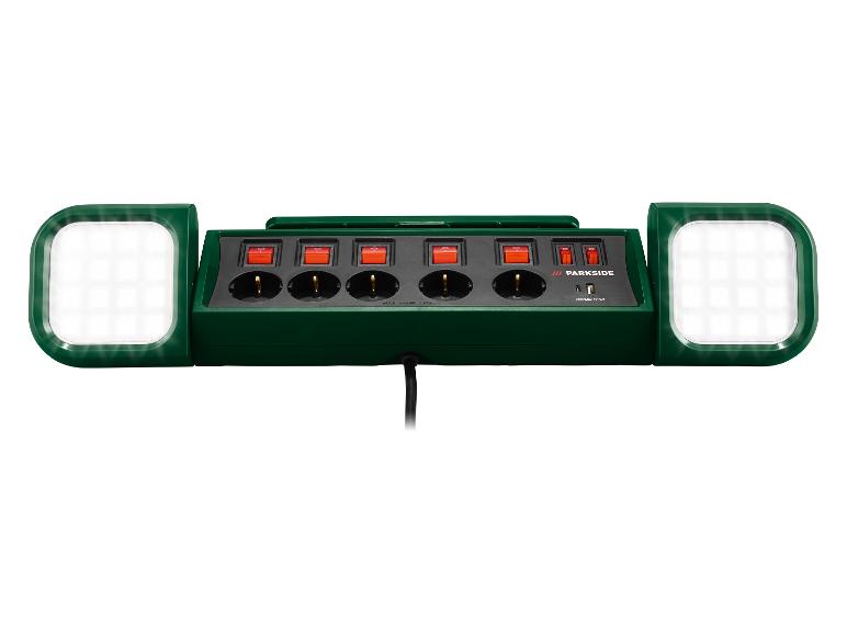 Parkside stekkerdoos met 4 stopcontacten, 2 LED-lampen en USB-poorten.