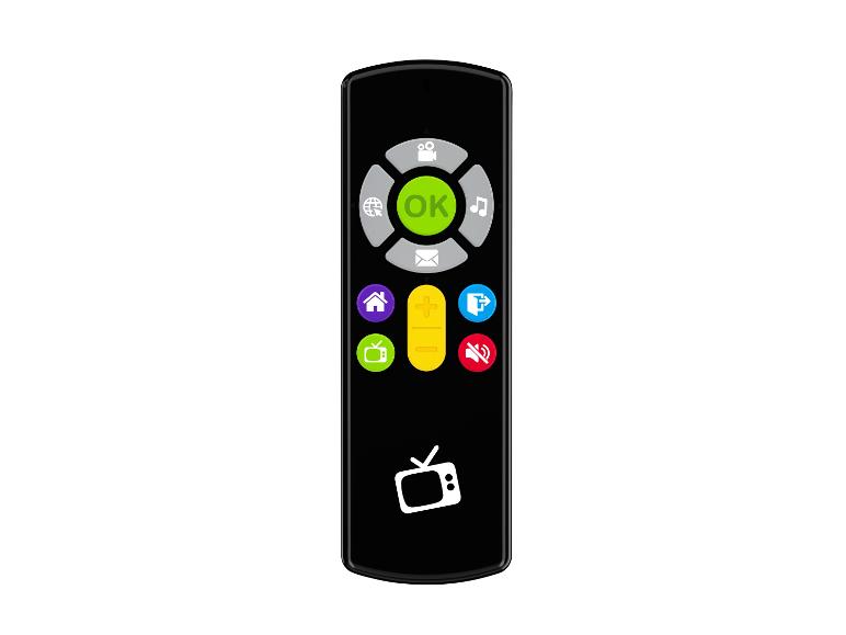 Een zwarte afstandsbediening met knoppen voor TV, volume en navigatie.