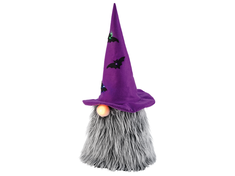 Halloween kabouter met paarse hoed, vleermuizen en gloeiende neus.
