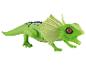 Een groene speelgoedhagedis met een grote, open bek.