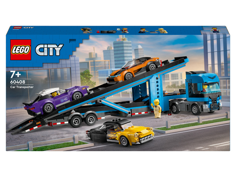 Een LEGO City autotransporter met een blauwe vrachtwagen en drie auto's.