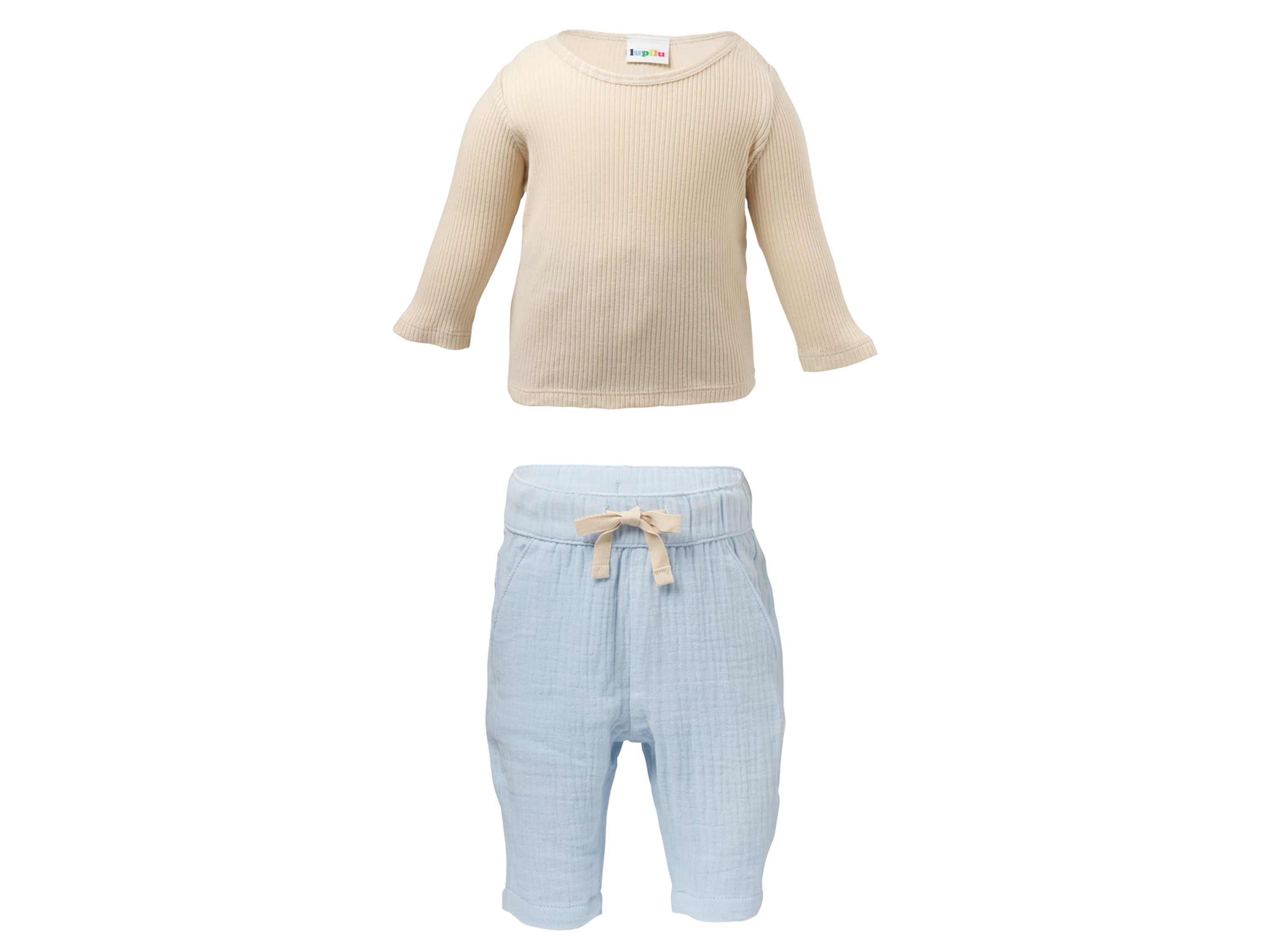 LUPILU Mousseline baby kledingset, 2-delig (Beige/blauw, 50/56)