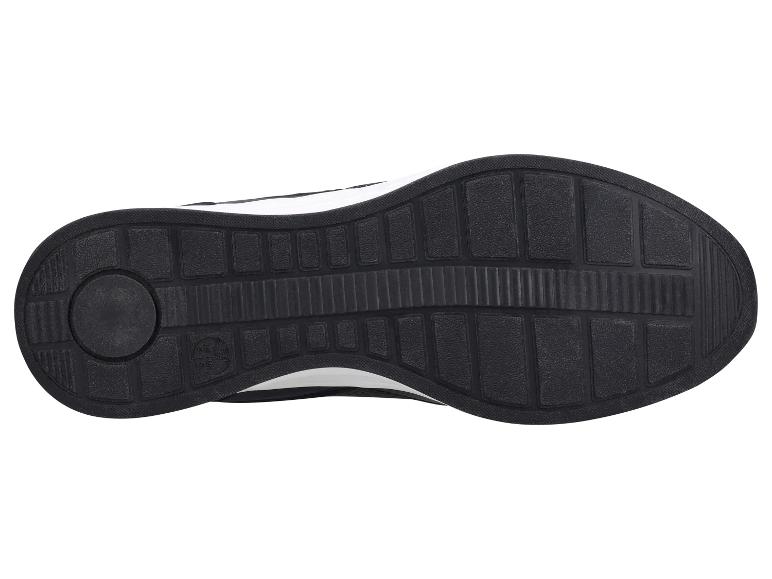 Zwarte zool van een sportschoen met een patroon en maatvermelding.