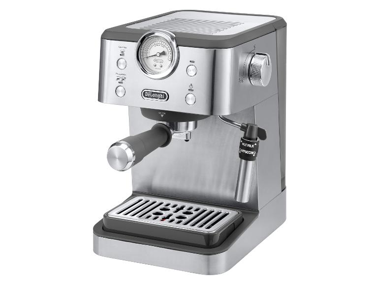De'Longhi Dedica Style roestvrijstalen espressomachine met drukmeter en melkopschuimer.