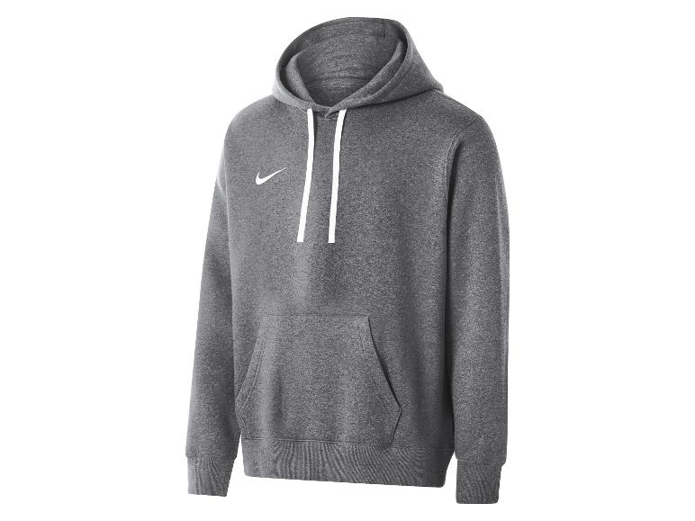 Grijze hoodie met witte trekkoorden en een klein wit logo.