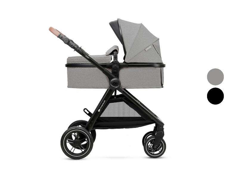 Grijze en zwarte kinderwagen met reiswieg en zitje.