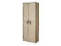 Hoge, beige stoffen kledingkast met twee deuren en zwarte bies, geïsoleerd op wit.