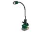 LED-werklamp met flexibele arm en accubasis, in een groen en zwart ontwerp.