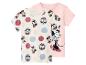 Twee kinder T-shirts met korte mouwen: één wit met Minnie Mouse-patroon en stippen, en één roze met een grote Minnie Mouse-print.