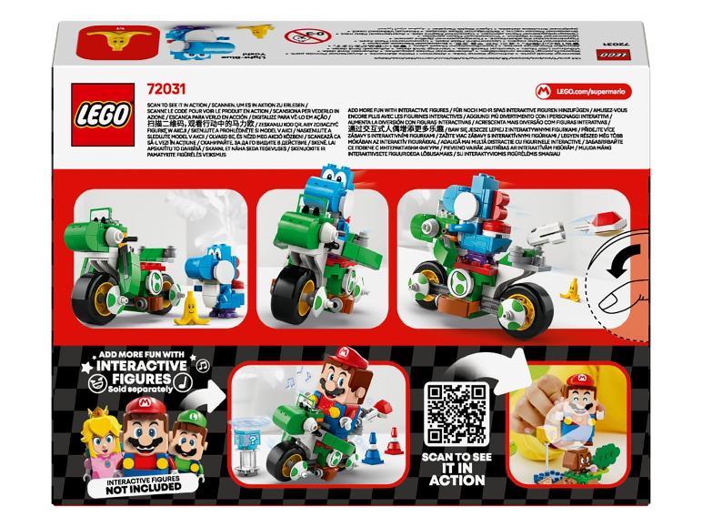 Speelgoeddoos met een groene en blauwe dinosaurus op een motor, met interactieve figuren.