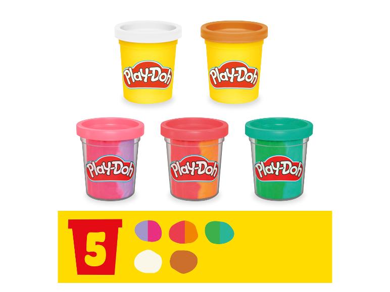Vijf potjes Play-Doh klei in diverse kleuren.
