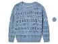 Lichtblauwe trui met opengewerkt patroon.