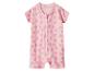 Roze babyromper met korte mouwen, hartjesprint en ritssluiting.