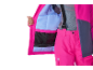 Felroze ski-outfit voor dames, met open jas en broek met bretels.