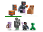 Blokkerige videogame-achtige personages en accessoires, waaronder een golem en een creeper.