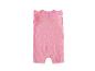 Roze babyromper met gele zonneprint en ruchesmouwtjes.